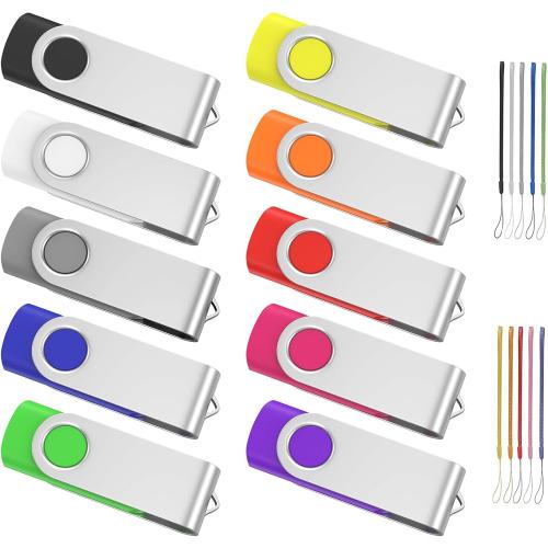 1GB Flash Drive 10 Pack, USB 2.0 Memory Stick with Lanyards Swivel Thumb Drives Bulk 1GB Pendrive U Disk for Data Storage (Mixcolors)
