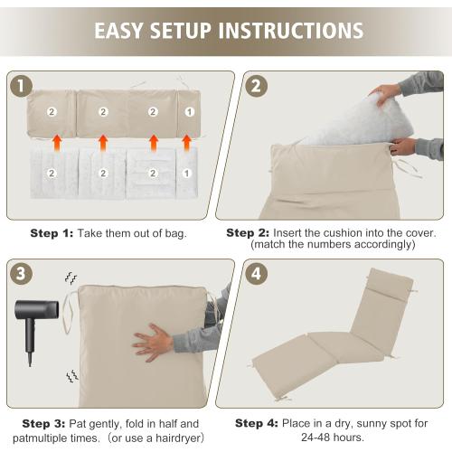 Chaise Lounge Cushion 72x21x3 Inch ?Set of 4 Outdoor Lounge Chair Cushions, Lounger Pad Replacement with Fade-Resistant, Removable & Machine-Washable Covers, Ideal for Patio Chaise Chairs, Cream