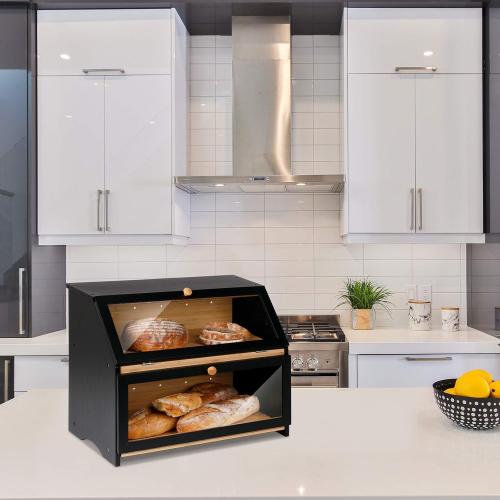 HOMEKOKO Double Layers Large Bread Box for Kitchen Counter, Wooden Large Capacity Bamboo Bread Food Storage Bin - Black
