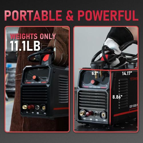 Black and Red YESWELDER 55 Amp Plasma Cutter Non-High Frequency, Large LED Digital Display Non-Touch Pilot Arc, Digital DC Inverter 110/220V Dual Voltage Plasma Cutting Machine CUT-55DS PRO NEW