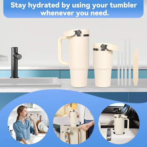 Flip Straw Lid for Stanley 30oz and 20oz, Leak Proof Top Replacement with Handle for 30&20 oz Stanley Quencher and ProTour, Detachable No Spill Lids Reusable Lids Accessories for StanleyCup, Cream