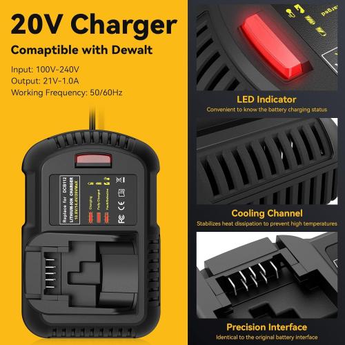 Replacement for DeWalt 20V Max Battery Charger, 2 Pack 6.0Ah Replace Battery & DCB112 Fast Charger Compatible with Dewalt 20V Max Battery DCB206 DCB205 DCB208 & 20 Volt Cordless Power Tool