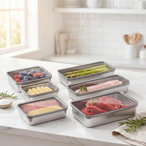 Hushee 6 Pack Bacon Cheese Container for Refrigerator, 304 Stainless Steel Airtight Deli Meat Container, Dishwasher Safe Fridge Storage Fruit Lunch Storage with Lids for Fridge, 4 Sizes