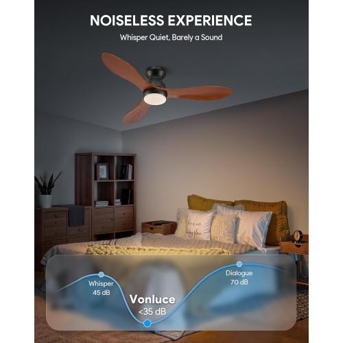 VONLUCE Ceiling Fans with Lights, 42 Inch Ceiling Fan and Remote, 6-Speeds Noiseless Reversible DC Motor, 3CCT, Wood Ceiling Fan for Farmhouse Bedroom Indoor Outdoor, Black