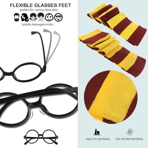 HLenyoy Novelty Scarf Wizard Glasses with Round Frame No Lenses 12 PCs Lightning Bolt Tattoos for Kids Christmas Birthday Party Cosplay Costume Accessories