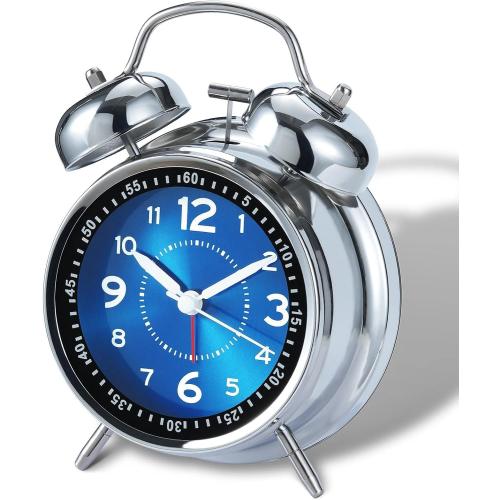 AKCISOT Loud Alarm Clock for Heavy Deep Sleepers, 4.5 Inches Analog Metal Twin Bell Clocks Battery Operated with Backlight for Bedroom Beside, Old Fashioned for Home Desk Decoration(Blue)