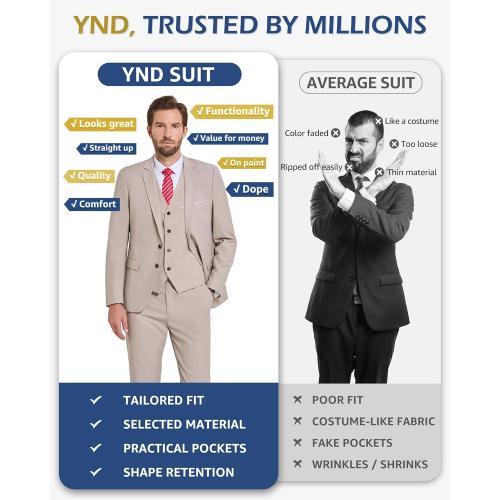 YND Men's 3 Piece Suit Set with Tie, 2 Button Slim Fit Solid Blazer Jacket Vest Pants, Business Wedding Party Suits for Men Grey ? large