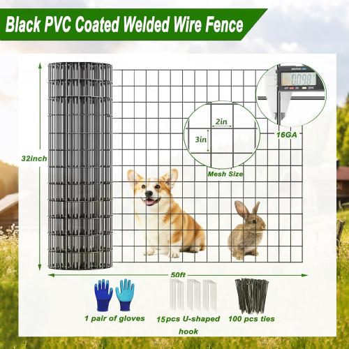 Welded Wire Fence 36inch x 50ft, Black PVC Coated Garden Fencing, 2 inch x 3inch 16Gauge Chicken Wire Fence Roll, Anti-Rust Metal Fencing for Yard Plant Protection Poultry Netting