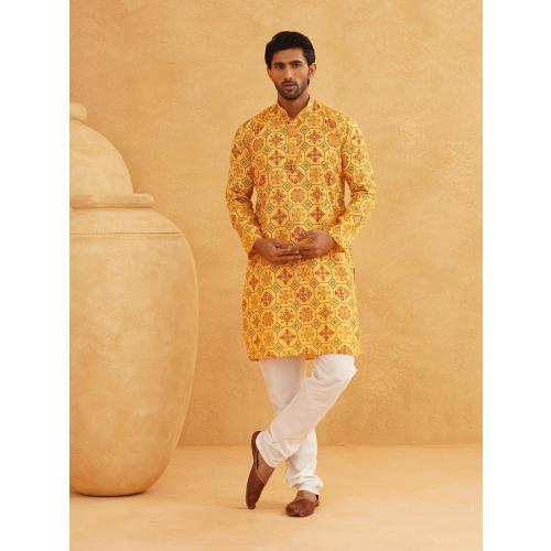 Size 54 Sojanya (Since 1958 Men'S Cotton Linen Blue Foil Printed Only Long Kurta