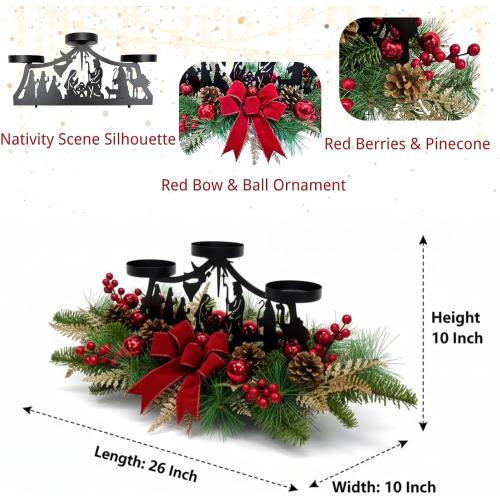 Christmas Candle Holder Christmas Decorations 3 Candle Holders with Metal Nativity Scene Black Silhouette Cedar Branches Pine Needles Berries Red Bow and Ball Ornaments for Xmas Decorations