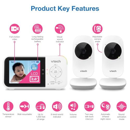VTech VM819-2 Baby Monitor, 2.8” Screen, 2 Cameras, 1000ft Range, Night Vision, 2-Way Audio, Temperature Sensor, Lullabies, Secured Transmission No WiFi