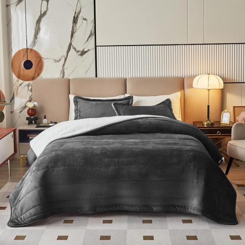 3-Layer Luxury Flannel Fleece Thick Bed Blanket Full Queen Size, Soft Plush Velvet Sherpa Blanket with 2 Pillow Shams Heavy Warm for Winter, Breathable n Washable, Dark Gray