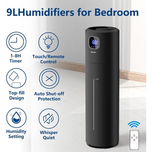 Large Humidifiers for Bedroom, 9L/2.5Gal Ultrasonic Cool Mist, Top Fill Easy Clean with 350ML/H Mist Speed, Quiet, Suitable for Kids Room Plant Yoga Office Study Room Living (Black, Round)