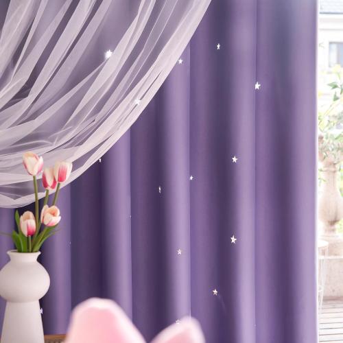 Stars Curtains Double Layer Curtains Blackout Curtains for Bedroom Kids Curtains Cute Curtains Kids Blackout Curtains, Curtains 84 Inches Long 2 Panels Set, Purple Curtains, 52 X 84 Inches
