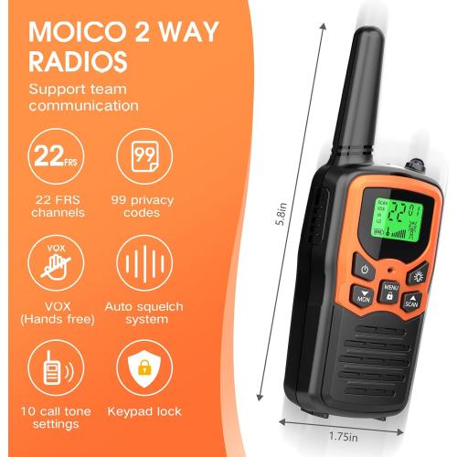 Walkie Talkies, MOICO Long Range Walkie Talkies for Adults with 22 FRS Channels, Family Walkie Talkie with LED Flashlight VOX LCD Display for Hiking Camping Trip (Orange 2 Pack)