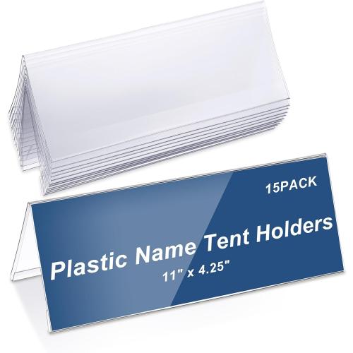 Vicenpal 15 Pieces Clear Plastic Name Tent Holders 11 x 4.25 Acrylic Name Plate for Desk PVC Card Tent Holder Desk Sign Frame for Table Office Business Conference Meeting Room School Display Stand