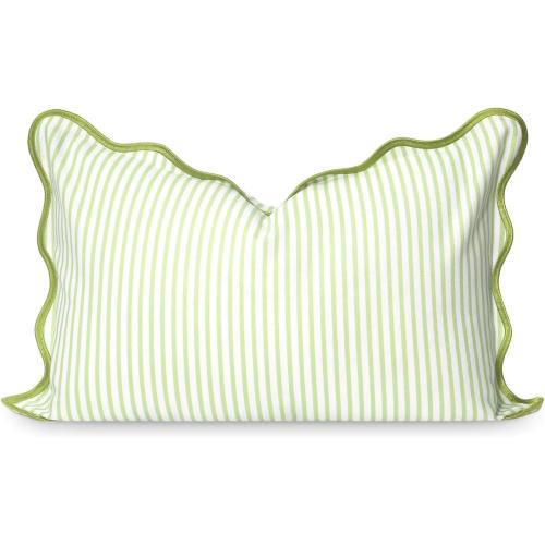 Hofdeco Premium Coastal Patio Indoor Outdoor Scalloped Lumbar Pillow Cover Only, 12x20 Water Repellent for Backyard, Couch, Green Print Stripes