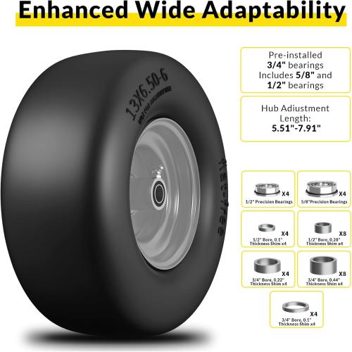 RONPOW 13x6.50-6 Flat Free Lawn Mower Tires and Wheel, 13x6.5-6 Solid Front Tire for Zero Turn Lawnmower, Universal 3/4, 5/8 and 1/2 Bearings, 500Lbs Load, 5.51-7.91 Hub Spacers, 2Pack Gray