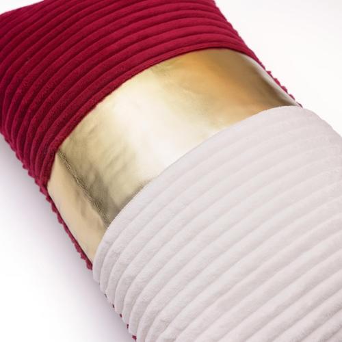 Red and Cream White Boho Striped Corduroy Throw Pillow Covers with Pink Leather Patchwork 12x20 Inch, Pack of 2, Double-Sided, Soft Home Decorative Pillows for Couch and Living Room
