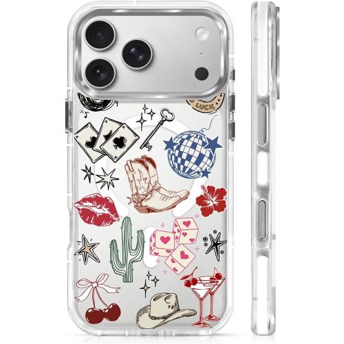for iPhone 17 Pro Max Case [Compatible with Magsafe],Girls Women Clear Magnetic Case Silicone Shockproof Protective Cover with Pattern Western Cowboy Cherry Cactus Lips