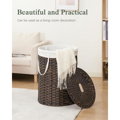 SETVSON Laundry Basket with Lid Round Rattan Laundry Hamper with Lid and Handles 29.1 Gal (110 L) Handwoven Woven Basket with Removable Bags and 2 Mesh Bags for Bathroom Living Room Brown