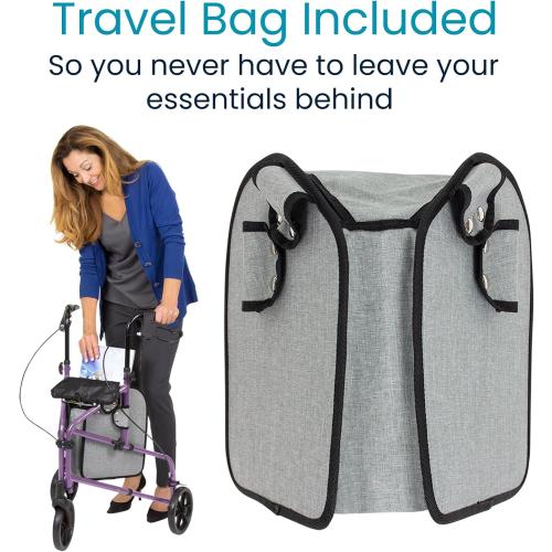 Vive Mobility 3 Wheel Walker - Three Wheeled Rollator for Seniors | Lightweight, Foldable, Narrow, Heavy Duty - for Elderly Men Women - Folding 3-Wheel Tri Scooter with Basket Bag