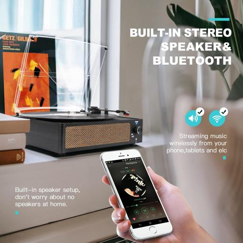 Vinyl Record Players Vintage Turntable with Speakers Belt-Driven Turn Tables Support 3-Speed, Bluetooth Wireless Playback, Headphone, AUX-in, RCA Line LP Phonograph Auto Stop Retro Black