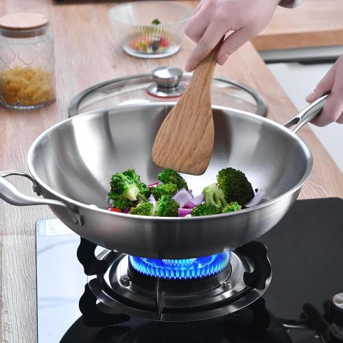 LOLYKITCH 13 Inch Stainless Steel Wok with Glass Lid, Tri-Ply Stir Fry Pan with Detachable Handle, Uncoated Cooking Wok for Induction & Glass, Flat Bottom, SGS Certified Cookware