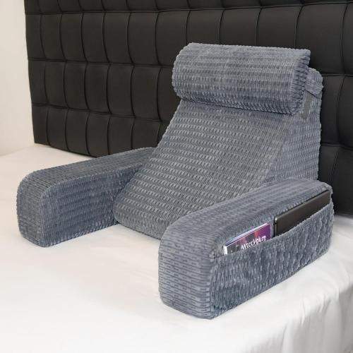 Color Grey Selectico Reading Pillow for Bed, Back Pillow for Bed Sitting up, Big Pockets & Built-in Arms, Backrest Cushion, Wedge Support for Reclining/Reading/Resting/Watching TV, Washable Cover, Grey