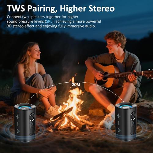 Bluetooth 5.4 Speaker, 2026 Wireless Bluetooth Speaker with 20W Stereo Deep Bass, HD Call, Colorful RGB Lights, TF-Card USB, TWS Pairing, IP-X7 Waterproof for Travel Party Home Beach Indoor Outdoor