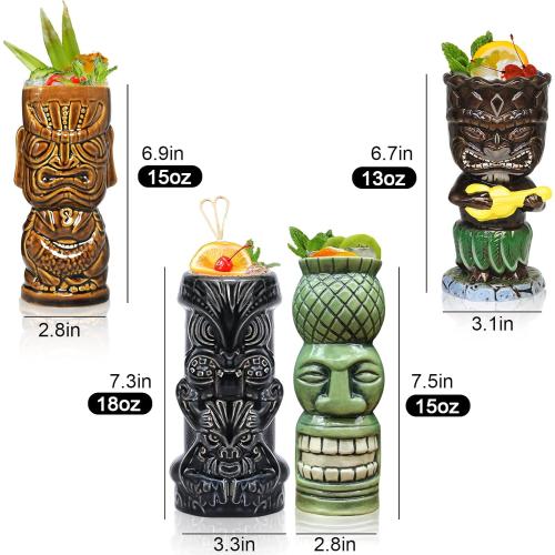 Tiki Glasses for Cocktails Mugs Set of 4 Ceramic Party Cups Bar Decor Creative Large Hawaiian Drinking Bar Decorations Vintage Tropical Drinkware Barware 4 Packs