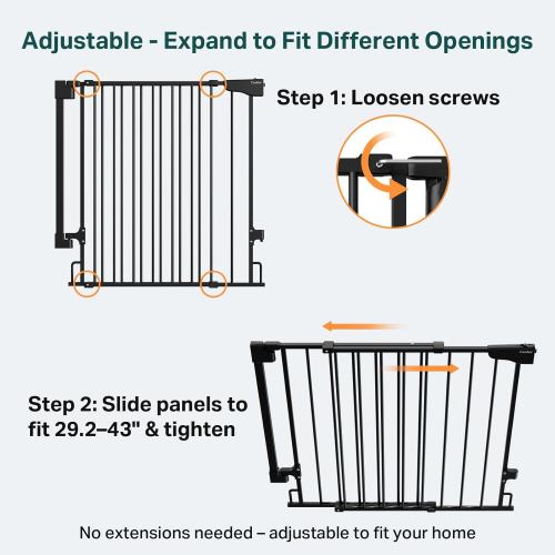 Cumbor 29.2–43 Baby Gate for Stairs, Hardware Mounted (Drill Required), Expandable No Bottom Bar Dog Gate, Auto Close Extra Wide Walk Thru, Pet & Toddler Proof Gate, Top & Bottom of Stairways(Black)