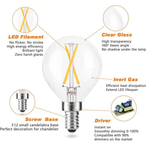 E12 LED Light Bulbs 25-Watt Equivalent (Dimmable), Warm White 2700K, 2W Vintage Clear G15/G50 Globe LED Bulb for Beside Lamp Ceiling Fan Pendant Lights Chandelier Fixture, 200 lm, 8 Pack