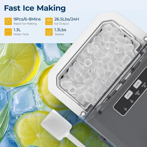 Countertop Ice Maker Machine with Handle, 9 Ice Cubes in 6 Mins, 26.5Lbs/24H, 2 Sizes of Bullet Ice, Auto-Cleaning Portable Ice Machine for Home Kitchen Party RV Camping, Stainless Steel Silver