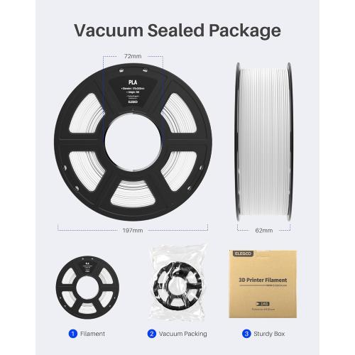 ELEGOO PLA Filament 1.75mm White 1KG, 3D Printer Filament Dimensional Accuracy  /- 0.02mm, 1kg Spool(2.2lbs) Fit Most FDM 3D Printers