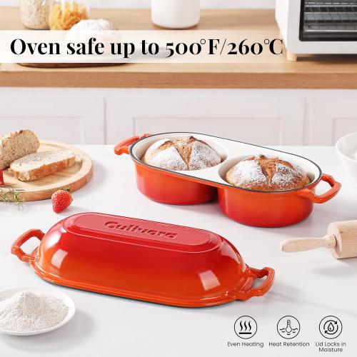 Cast Iron Bread Pan with Lid, Mini Enamel Sourdough Baking Dutch Oven Pot, Double Round Loaf Space for Homemade, Bread, Cake, Meatloaf, 16.5cm Diameter, 500°F Oven Safe, Non Stick, Orange