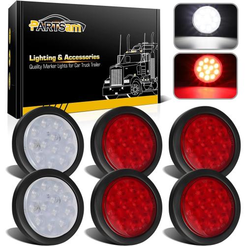 Partsam 6Pcs 4 Inch Round LED Trailer Tail Lights Kit - Round Led Stop Turn Tail Back-up Reverse Fog Lights 12 LED Include Lights Grommet 3-Prong Wire Pigtails for Truck Trailer RV(4 Red   2 White)