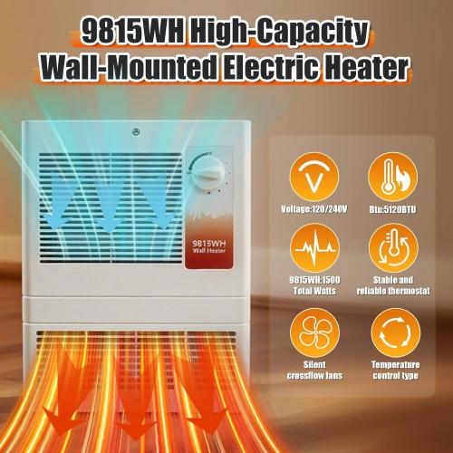 9815WH High-Capacity Wall-Mounted Electric Heater with Built-In Adjustable Thermostat and Silent Motor Delivers 1500W,120/240V Voltage Suitable for Kitchen,Bedroom,Living Room, Corridor, White