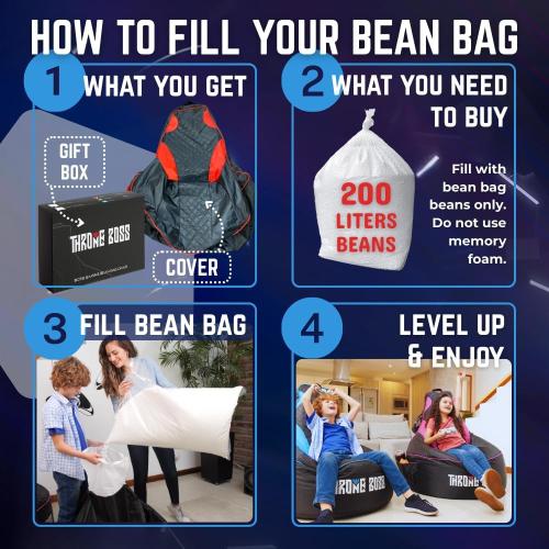 New only open for inspection Throne Boss Gaming Bean Bag Chair for Kids with High Back – Floor Gaming Chair, Easy to Clean Oxford 420D Fabric, Large Side Pockets, Headphone Hanger – Cover ONLY Add 200 Liters Beans (Blue)