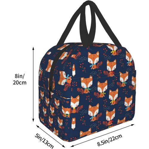 Cute Fox Lunch Bag for Women Small Insulated Lunch Box Leakproof Reusable Girls Lunchbag Office Work School Picnic Portable Black