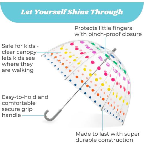 totes Kids Clear Bubble Umbrella with Dome Canopy, Lightweight Design, Wind and Rain Protection Umbrella, Dots, Kids - 38 Canopy