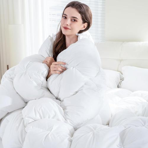 OEKO TEX FULL/ QUEEN® Feather Comforter Queen Size Duvet Insert, Luxurious Fluffy Hotel White Pinch Pleat Bedding Comforter - Ultra Soft All Season 100% Cotton Shell,  90x90 Inch