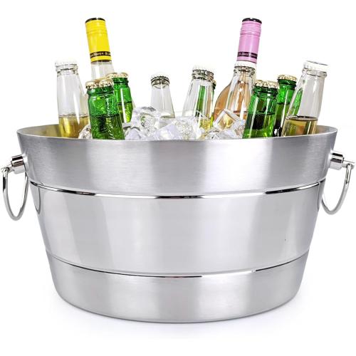 BREKX Stainless Steel Ice Bucket for Parties, Double Wall Insulated Anchored Brushed Drink Tub & Wine Bucket with Double Hinged Handles, Drink Chiller for Parties, 12QT (3 Gallon), 100% Leak Proof