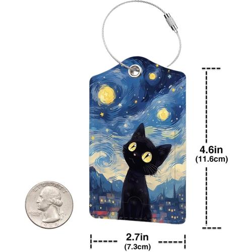 2 Pack Luggage Tag for Suitcase, Cute Unique Leather Bag Tags Identifiers Privacy Cover ID Label with Durable Steel Loop for Women Men Kids Girls Travel, Black cat Sky