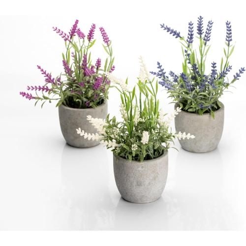 Velener Artificial Lavender Flowers(Pink/White/Purple), Small Fake Lavender Plants Pot Set of 3 - Faux Lavender Flowers for Farmhouse/Home