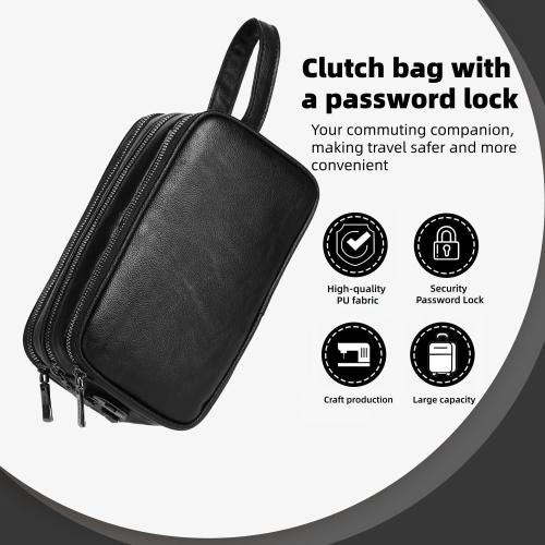 Men's Dopp Kit Toiletry Bag with Lock, PU Leather Travel Clutch Bag, 3 Compartment Organizer for Business Gym Travel
