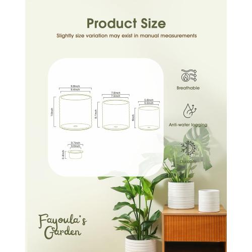 Fayoula Ceramic Planter, 10 8 6 Inch Plant Pots, Modern Striped Indoor/Outdoor Flower Pots for Succulents, Herbs, Home Office & Patio - Includes Mesh Pads & Saucer, Set of 3