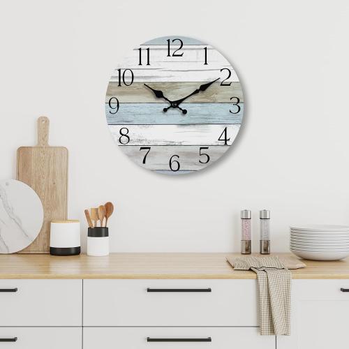 HYLANDA Wall Clock, 14 Inch Wall Clocks Battery Operated Silent Non Ticking, Large Wooden Clocks Decorative for Kitchen, Bathroom, Bedroom, Living Room Blue White
