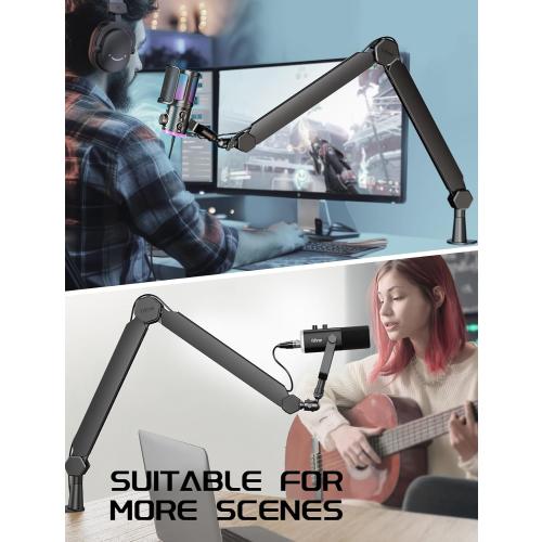 Size 3/8 to 5/8 FIFINE Mic Arm Stand, Microphone Boom Arm with Desk Clamp, Cable Channels, 3/8 to 5/8 Threads, Heavy Metal Microphone Stand for Podcast, Vocal Recording, Gaming-BM66 Black