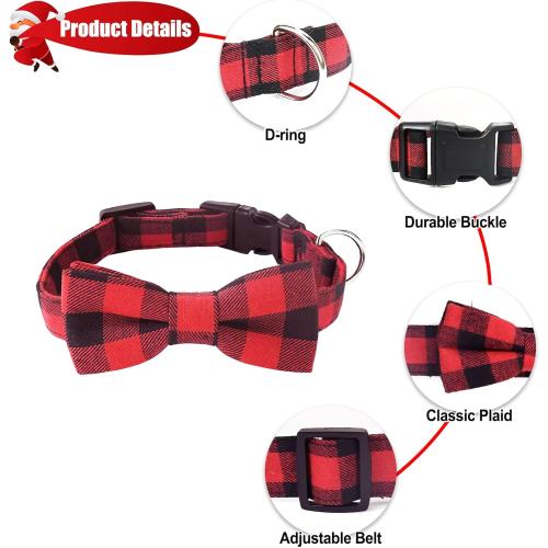 Malier Dog Cat Collar with Bow tie Christmas Plaid Dog Collar with Light Release Buckle for Small Medium Large Dogs Cats Pets - Small